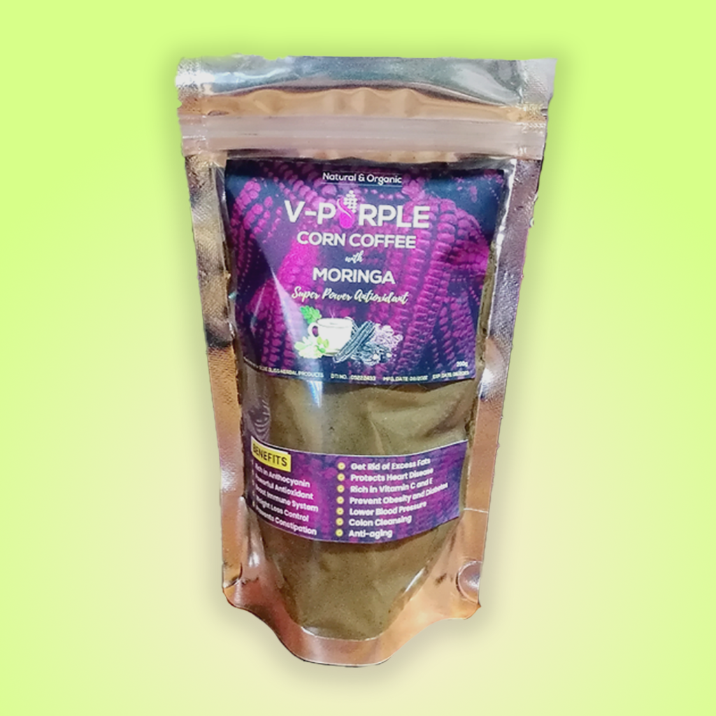 A pouch of V-Purple Corn Coffee in a gradient green background.