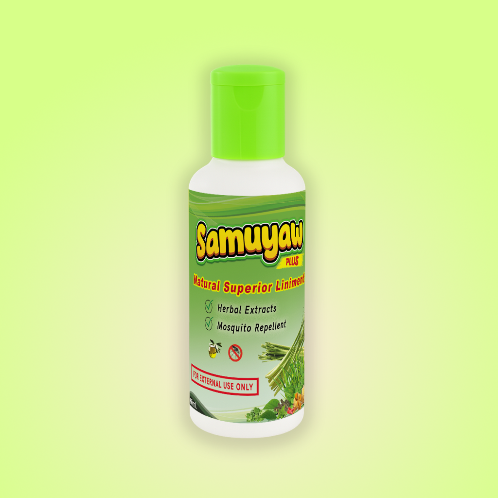 A bottle of Samuyaw Plus in a gradient green background.