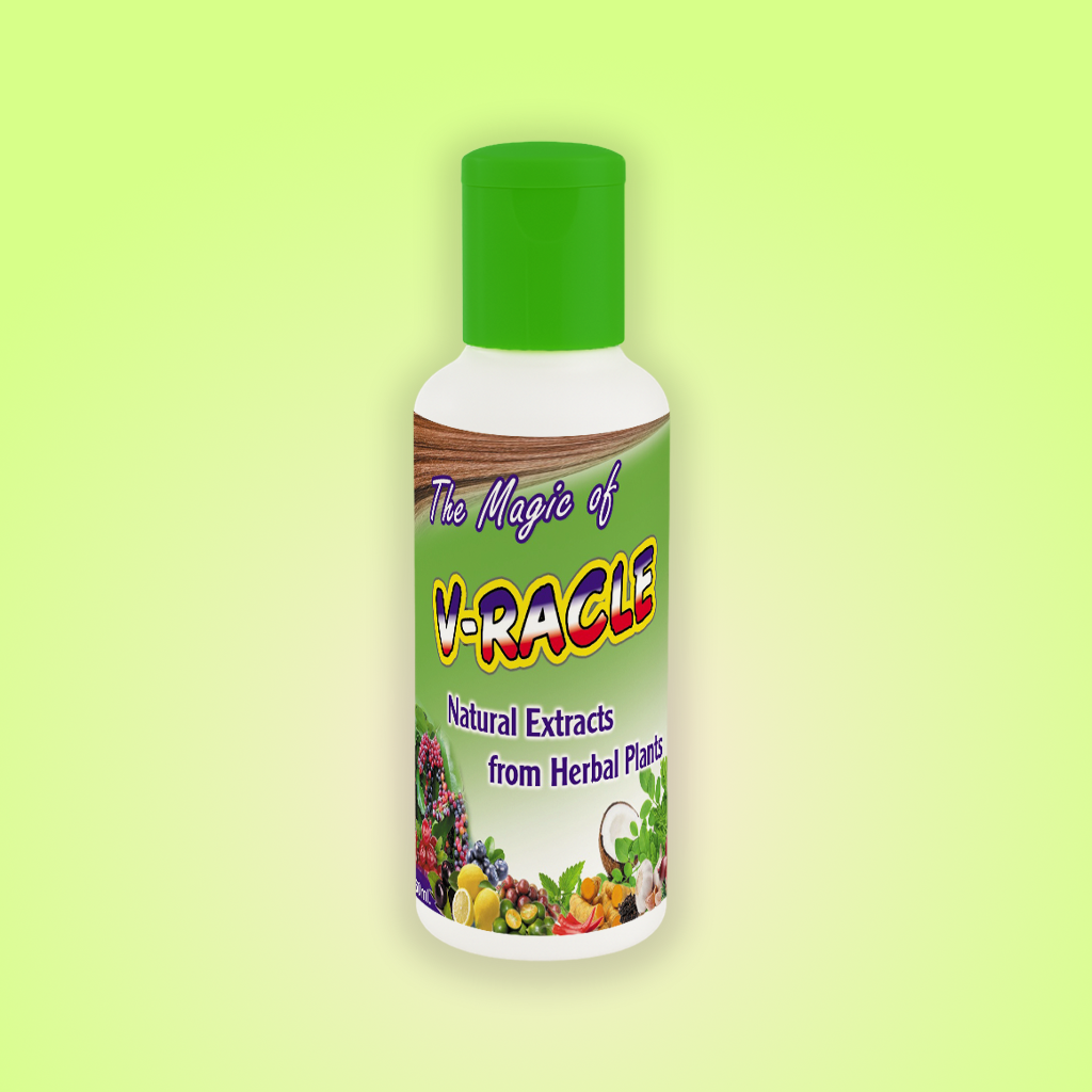 A bottle of V-Racle in a gradient green background.