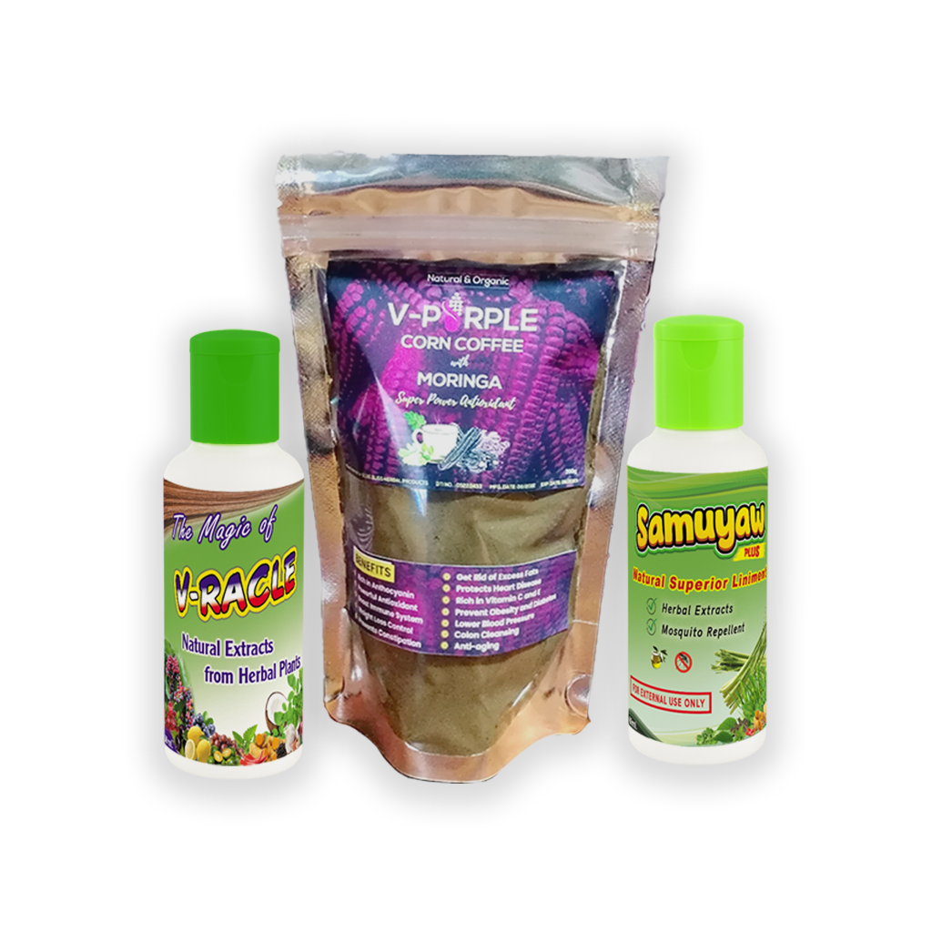 Three products including a pouch of V-Purple Corn Coffee, a bottle of Samuyaw Plus, and a bottle of V-Racle